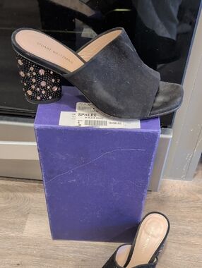 Stuart Weitzman Black Suede Beaded Sphere Heel Mules